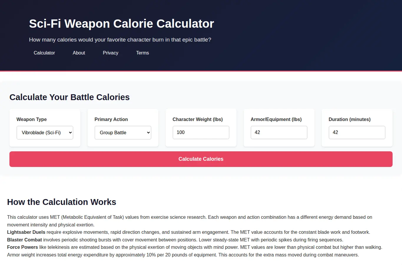 Screenshot of Sci-Fi Weapon Calorie Calculator interface showing the project page in use